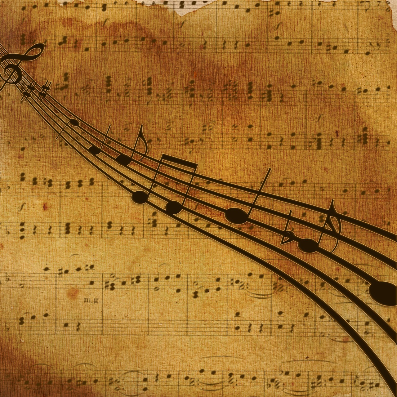 a group of musical notes sitting on top of a sheet of music, an album cover, by Béla Kondor, trending on pixabay, baroque, paper texture 1 9 5 6, stained”