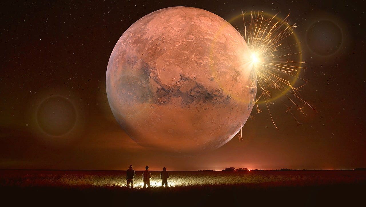 a couple of people that are standing in the grass, shutterstock contest winner, space art, huge red moon, fireworks, standing on a martian landscape, photoreal”