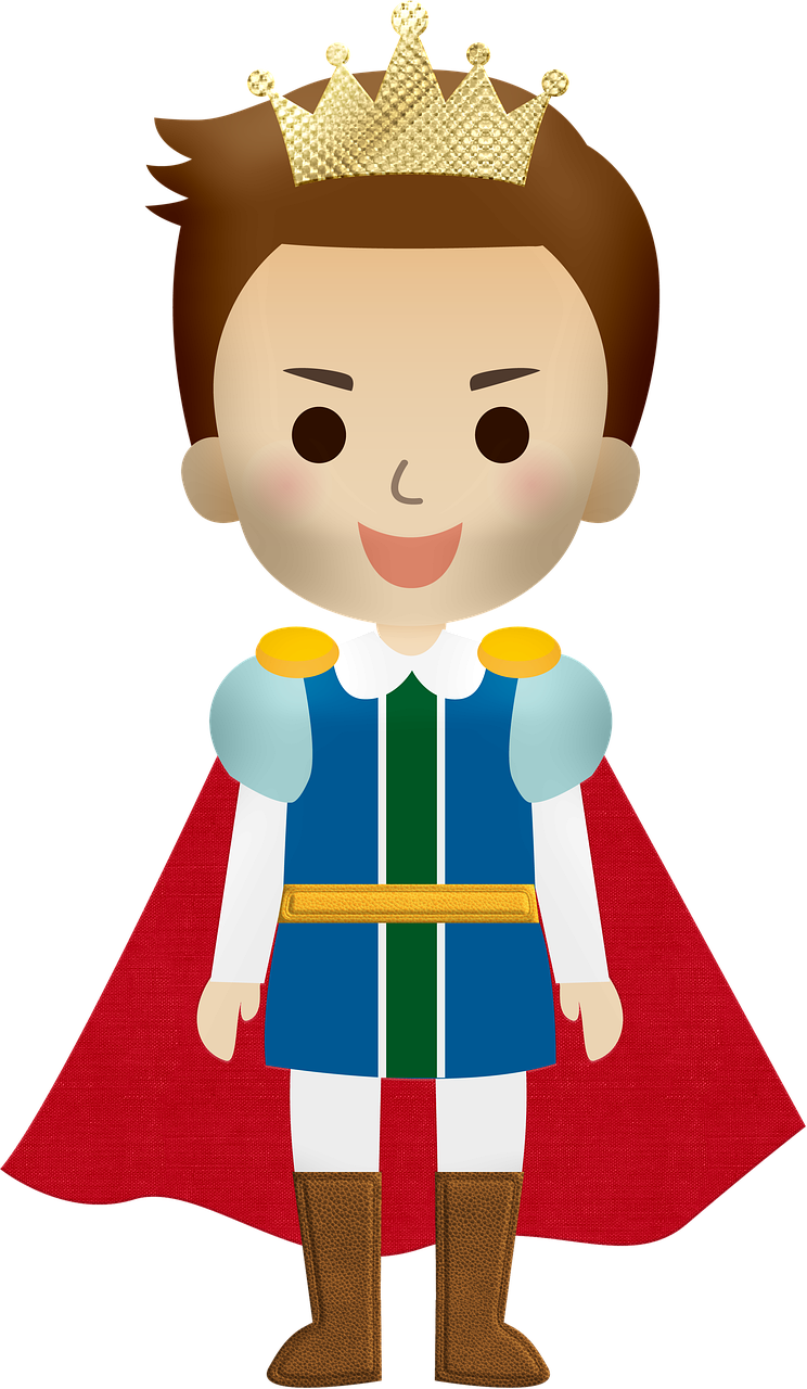 a cartoon boy with a crown on his head, a character portrait, inspired by Masamitsu Ōta, with cape, snow white, animation character, royal court