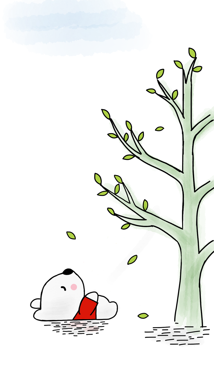 a cartoon bear laying on the ground next to a tree, inspired by Naka Bokunen, spring day, cute funny ghost, wikihow illustration, is looking at a bird