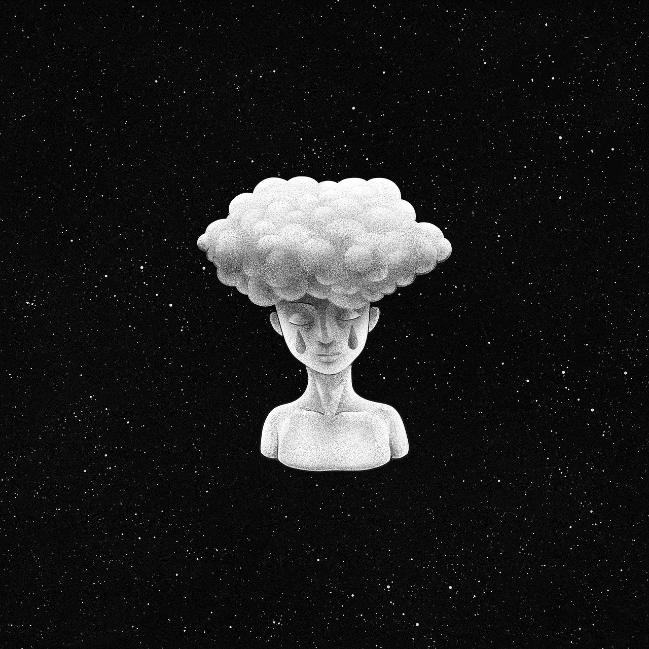 a black and white photo of a man with a cloud on his head, inspired by Carrie Mae Weems, unsplash, pop surrealism, 3d grainy aesthetic illustration, her hair is the milky way, procreate illustration, art contest winner on behance