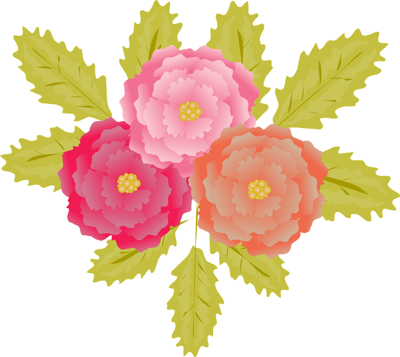 a bunch of flowers with leaves on a black background, a digital painting, inspired by Nagasawa Rosetsu, sōsaku hanga, 3 colors, material art, peony, 3 are spring