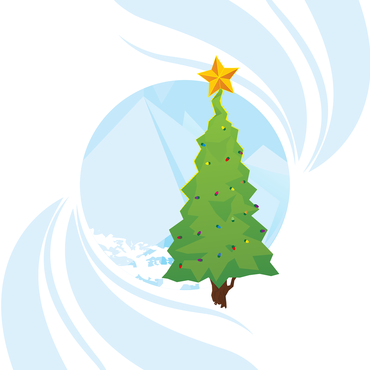 a christmas tree with a star on top of it, an illustration of, symbolism, icey tundra background, an illustration, rotating, card