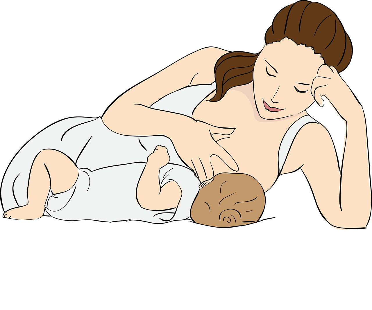 a woman that is laying down with a baby, an illustration of, by Nándor Katona, pixabay, broad shoulder, wikihow illustration, on a black background, milk