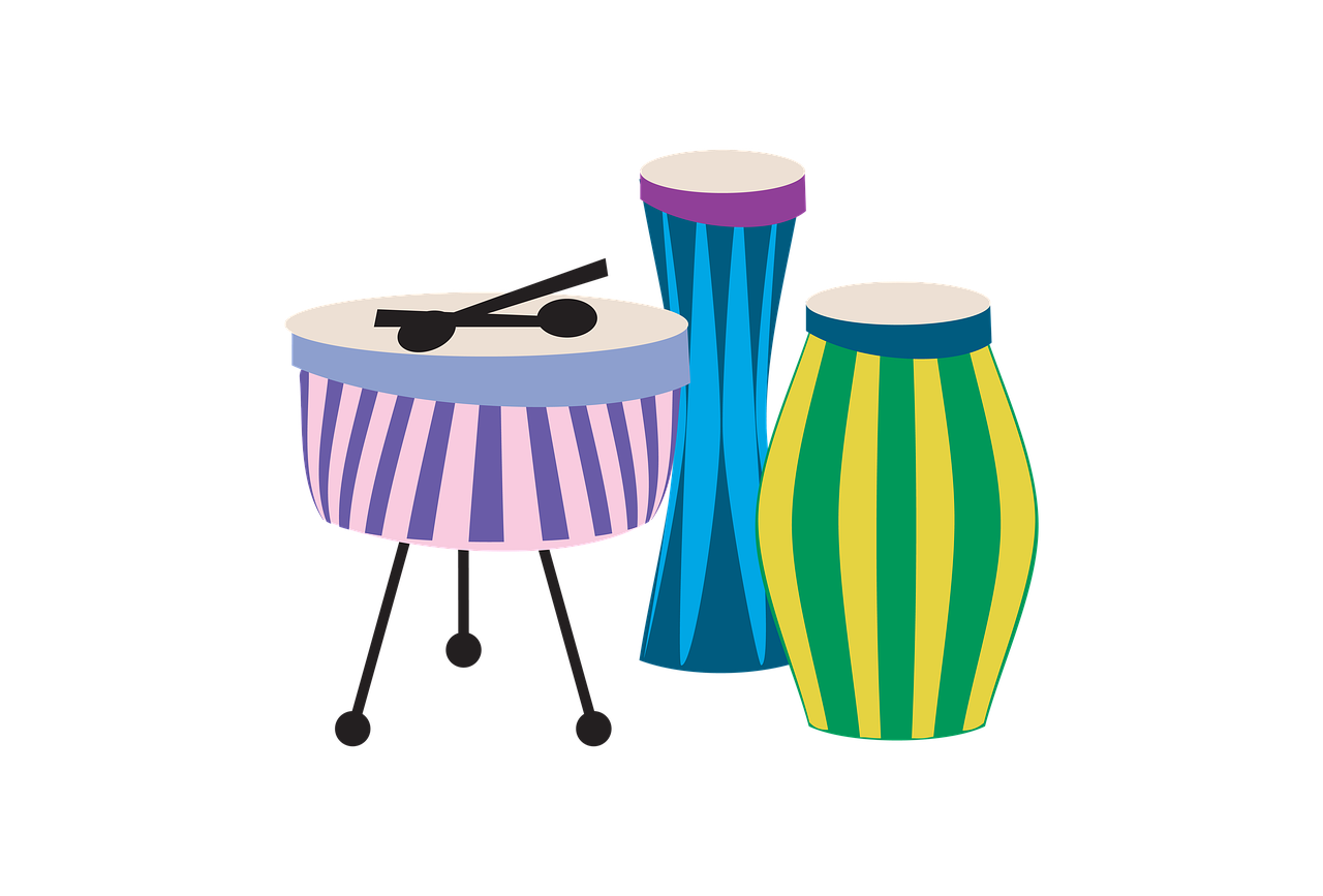 a couple of drums sitting next to each other, an illustration of, inspired by Wes Wilson, shutterstock, jamaican, super detail of each object, trio, high detail illustration