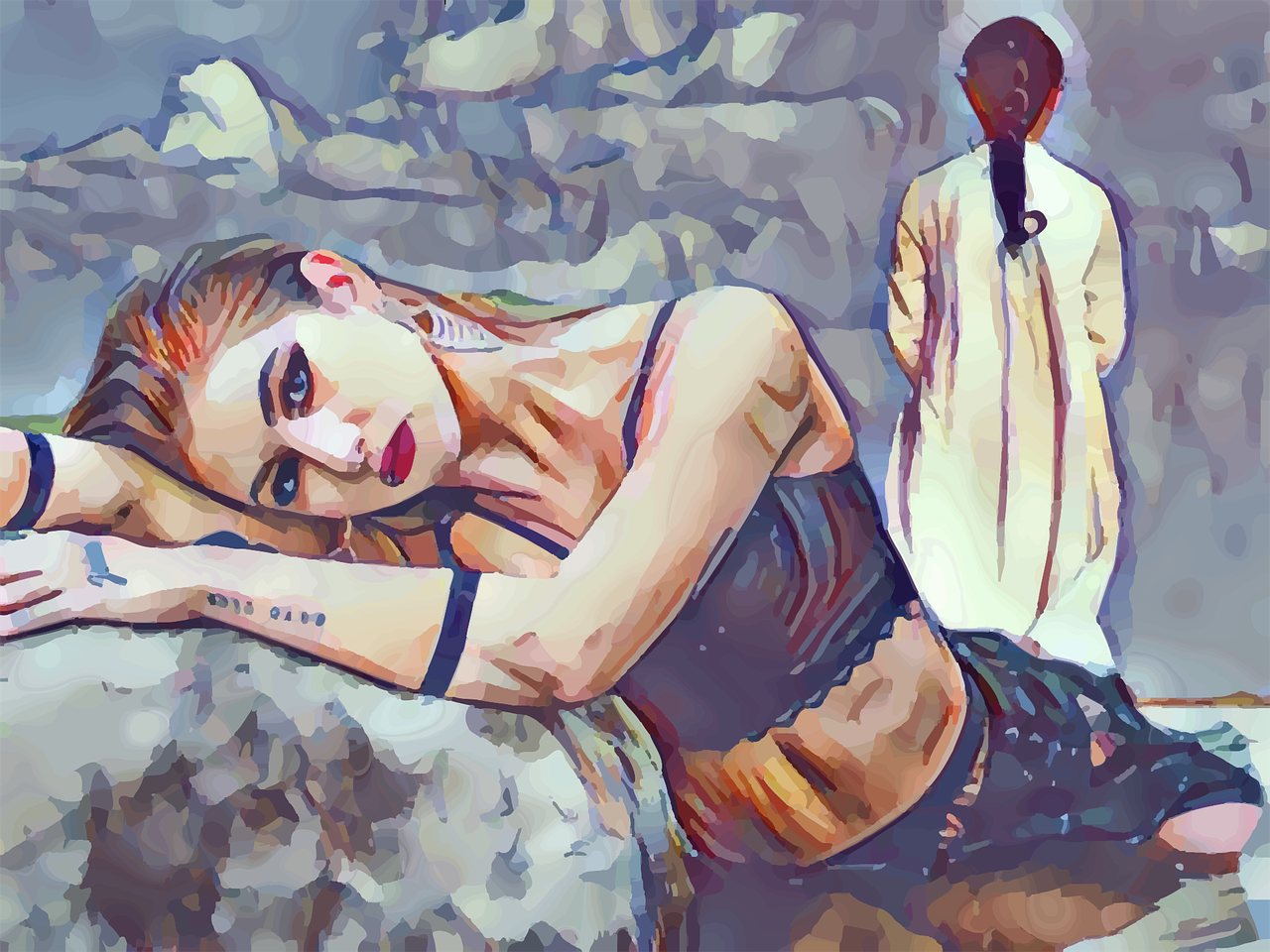 a painting of a woman laying on a rock, a digital painting, digital art, looks a blend of grimes, fashion illustration, oil paint style, a painting of two people