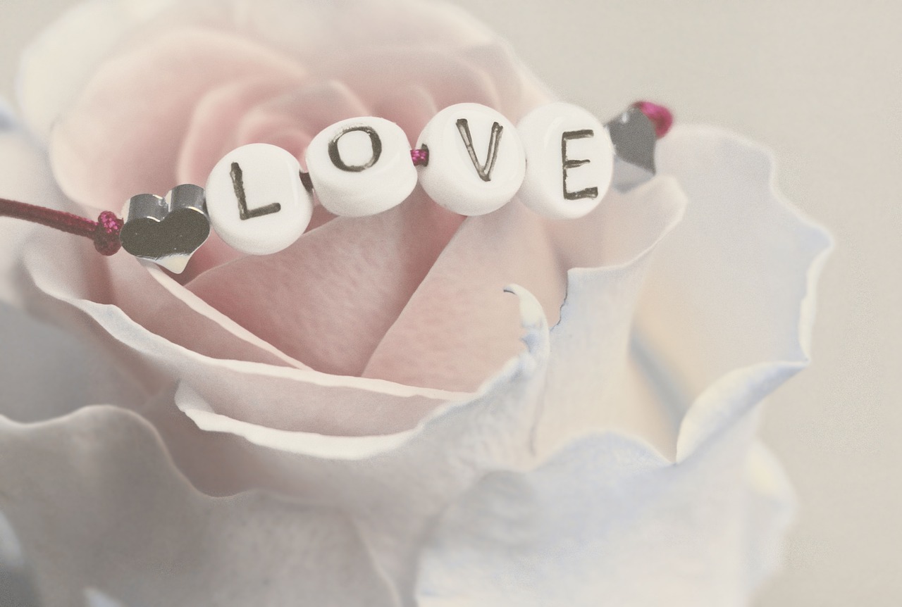 a rose with the word love spelled on it, by Lorraine Fox, beads, promotional photography, avatar image, silver，ivory