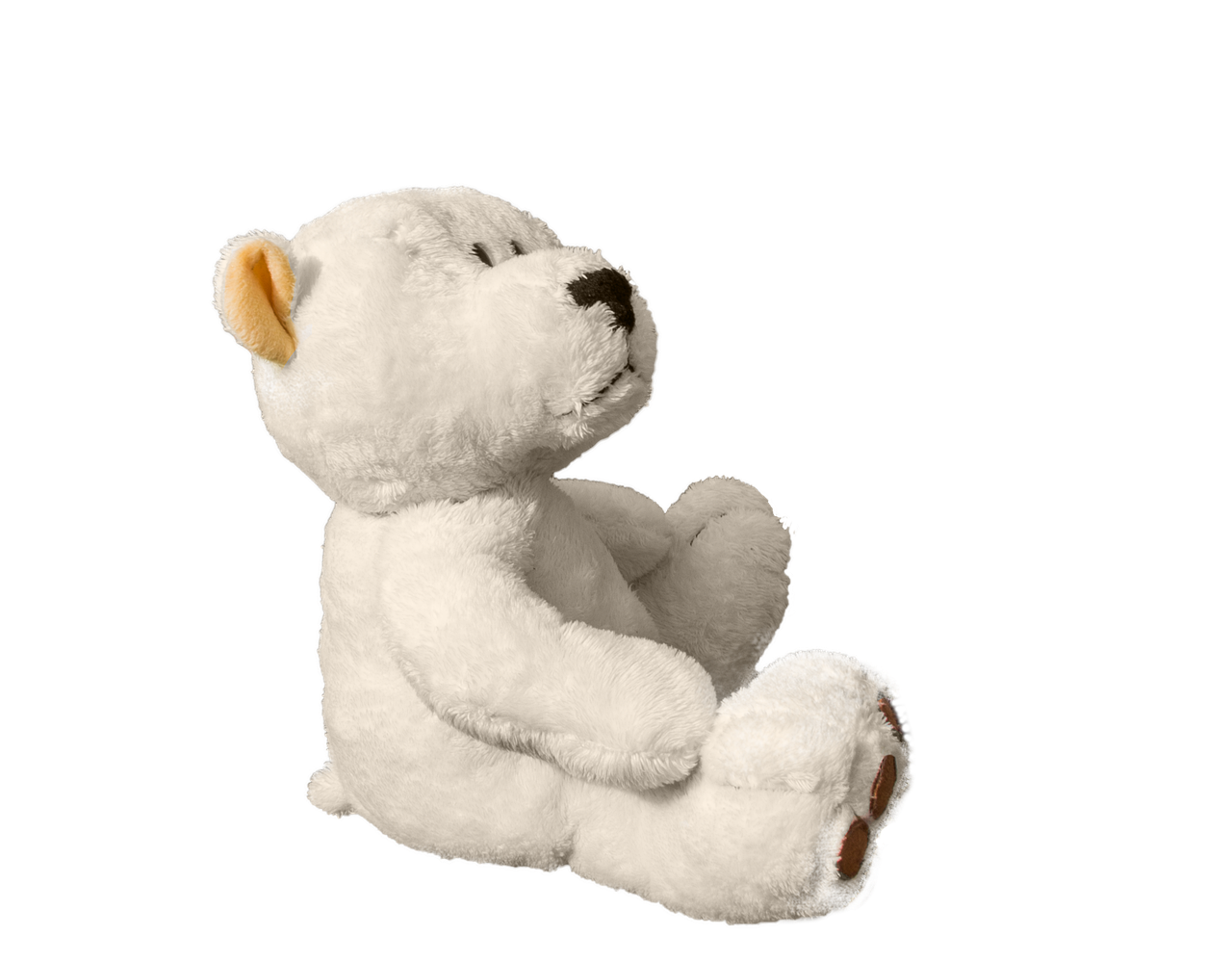 a white teddy bear sitting on a black background, a raytraced image, hurufiyya, light lighting side view, high resolution product photo, childrens toy, high detail product photo