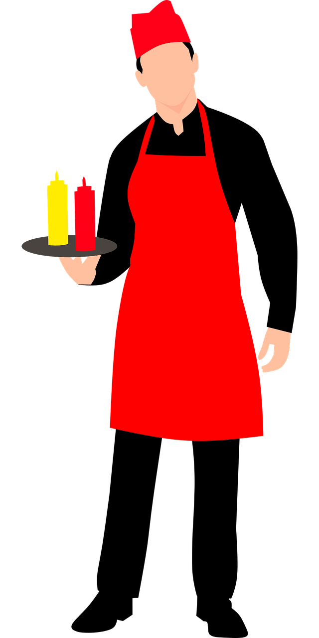 a person in an apron holding a tray with condiments, inspired by Félix Vallotton, lonely!! stop light glowing, candle volumetric, three guilders : a magician, cad