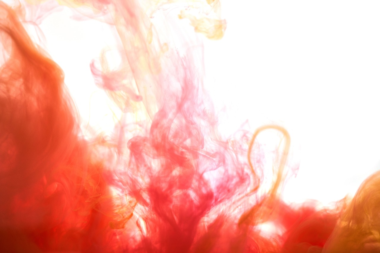 a close up of a red substance in water, inspired by Kim Keever, abstract expressionism, on white background, pink and orange colors, upward shot, yellow and red