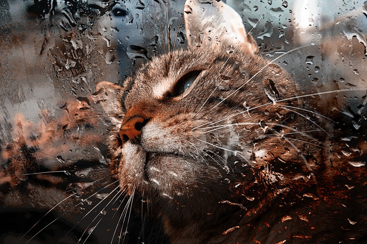 a close up of a cat in the rain, by Olga Boznańska, flickr, photorealism, looking through frosted glass, wet hdr refractions, photorealism. trending on flickr, wallpaper”