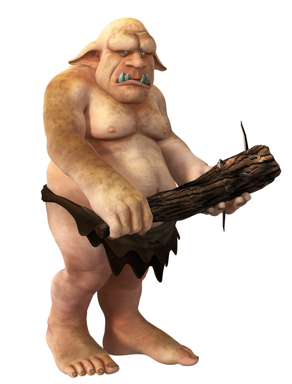 a cartoon troll holding a piece of wood, concept art, by senior environment artist, digital art, peter griffin body type, albino skin, high res render, fullbody photo