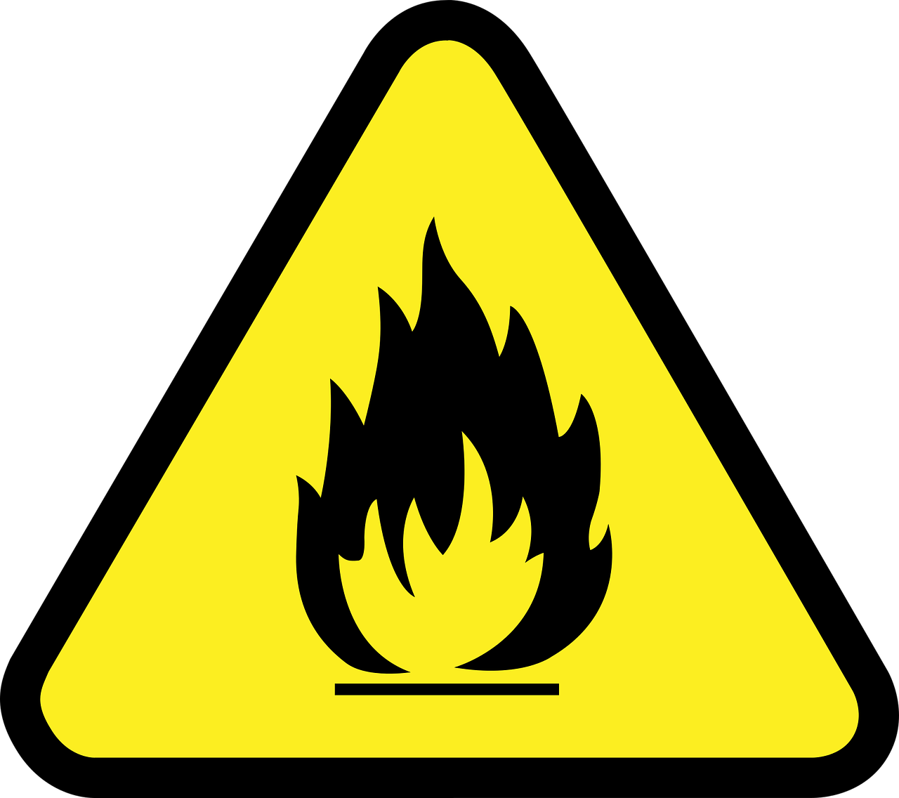 a yellow triangle with a black flame on it, a picture, pixabay, fire warning label, on a flat color black background, foam, panel