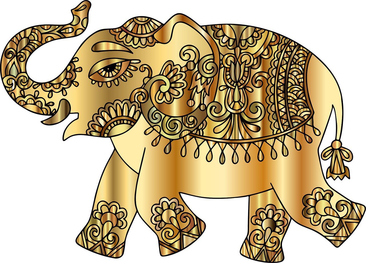 a golden elephant with intricate designs on it's back, trending on pixabay, sots art, no gradients, wearing an elegant tribal outfit, shimmer detailed, south east asian with long