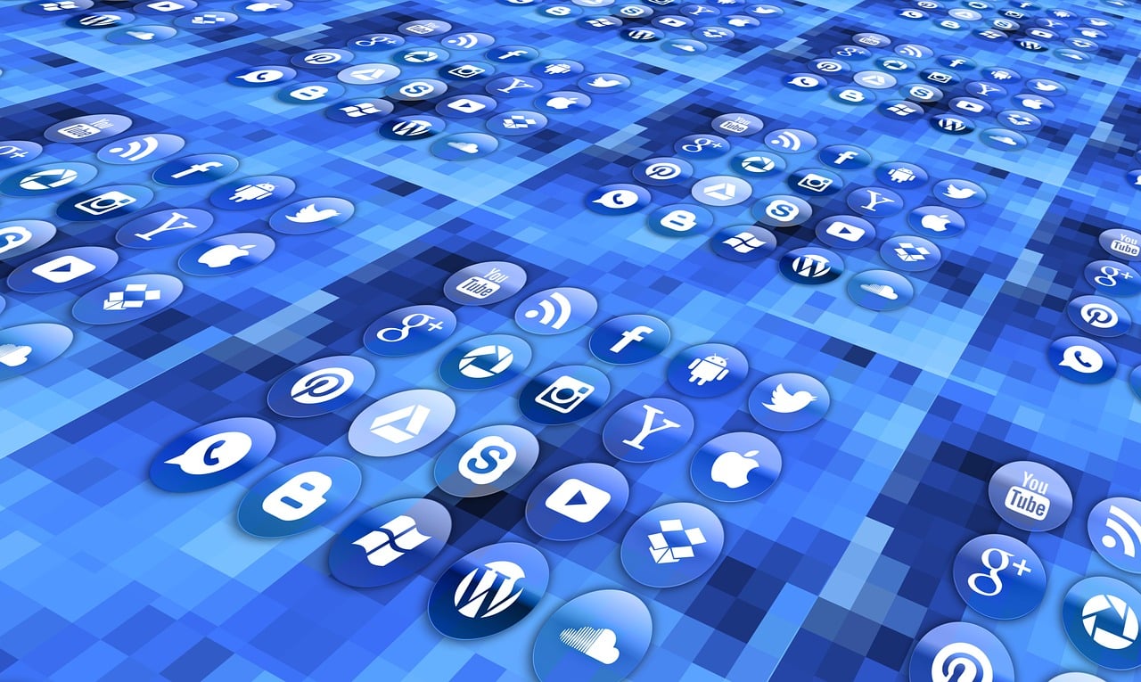 a large number of social icons on a blue background, digital art, random circular platforms, marketing photo, wikimedia commons, breeding