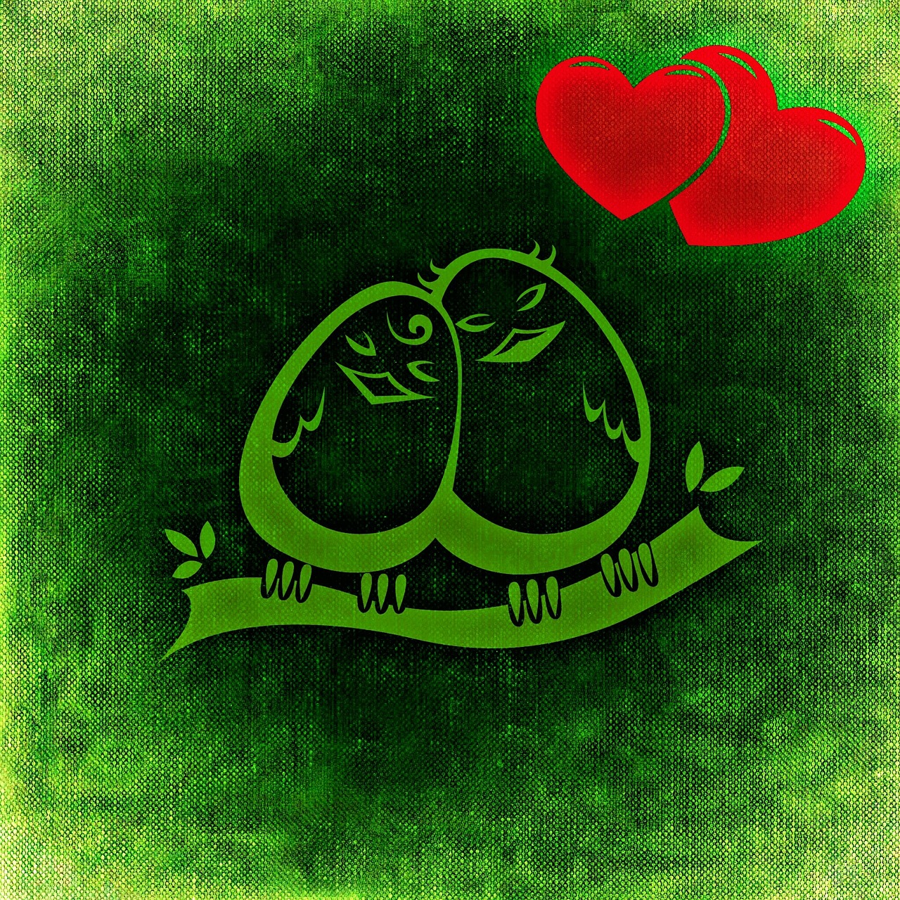 a couple of birds sitting on top of a tree branch, a digital rendering, folk art, constant green background, hearts symbol, 7 0 s photo