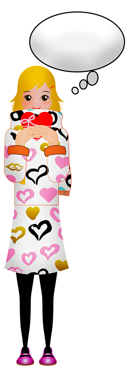 a cartoon girl with a thought bubble above her head, a cartoon, inspired by Takehisa Yumeji, pixabay, toyism, wears a long robe, hearts, imvu, !!! very coherent!!! vector art