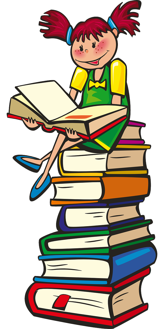 a girl sitting on top of a stack of books, a storybook illustration, pixabay, figuration libre, y2k!!!!!!, fullbody view, books cave, logo without text