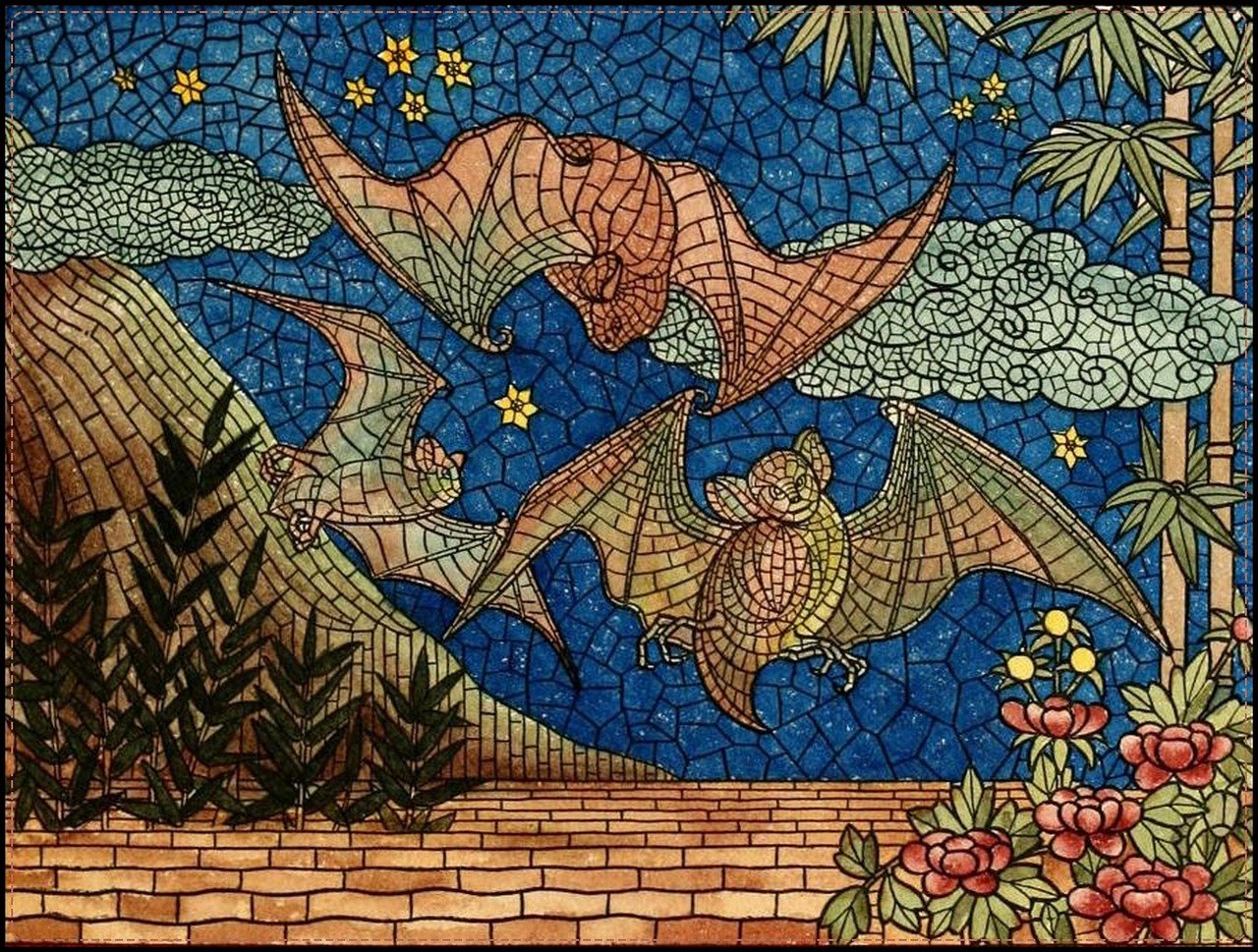 a painting of a group of bats flying in the sky, a mosaic, inspired by Georges Lacombe, pixabay, cloisonnism, patio, with wings. ultra-detailed, dinosaur, in the style of hans thoma