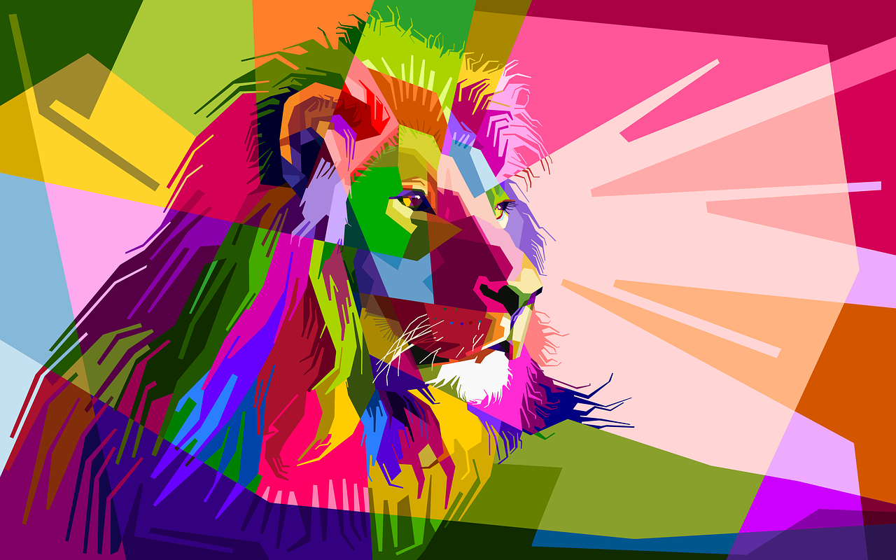 a close up of a lion's face on a colorful background, vector art, neo-fauvism, low polygons illustration, masterpiece illustration, colorful detailed projections, lowres