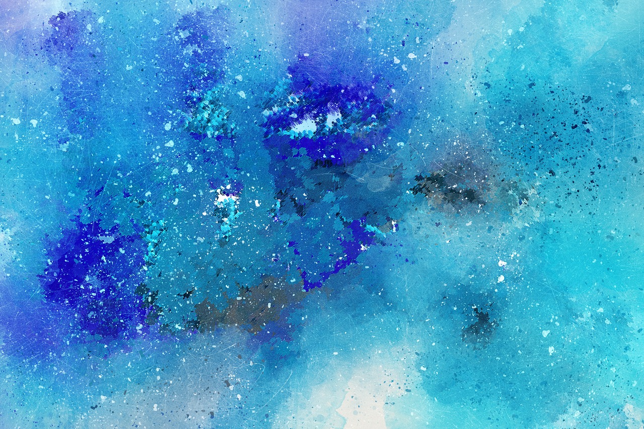 a close up of a blue and purple painting, a watercolor painting, inspired by Yves Klein, metaphysical painting, 4k detailed digital art, nebula space background, textured turquoise background, bird view