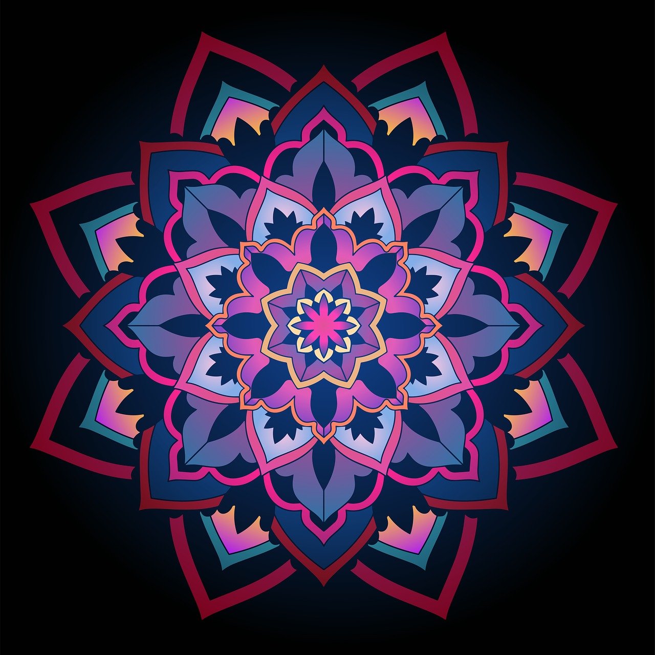 a colorful flower on a black background, vector art, psychedelic art, mandala ornament, purple and blue color scheme, purple and red colors, viewed from above