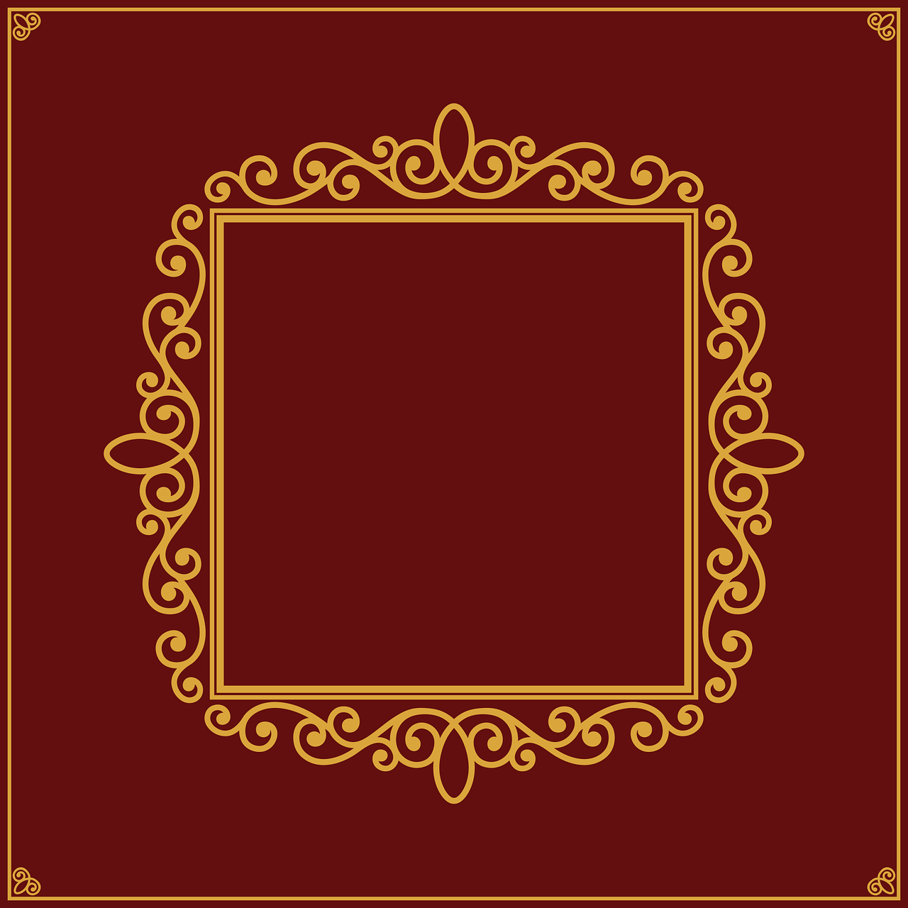 a golden frame on a red background, by Andrei Kolkoutine, baroque, stylized thin lines, svg vector art, album cover design, on simple background