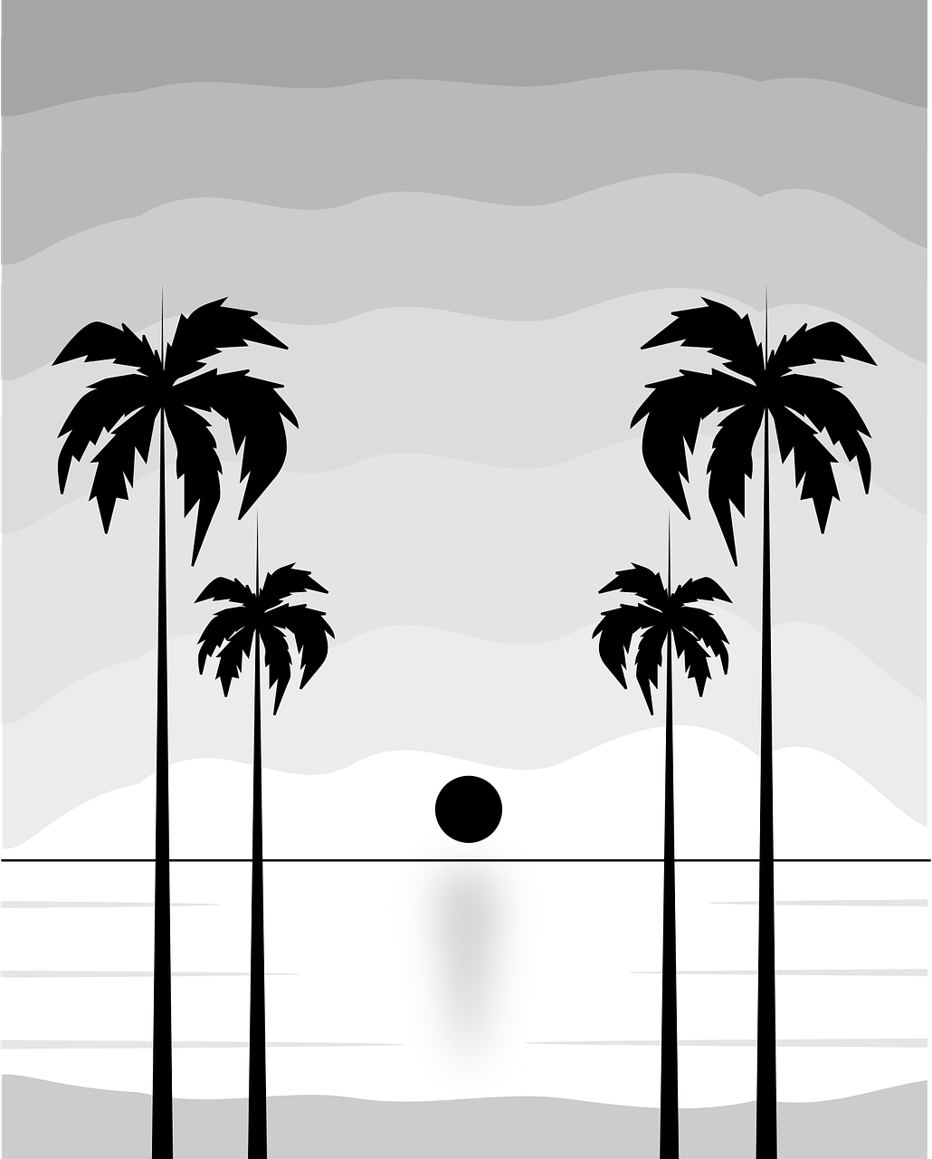 a black and white beach scene with palm trees, vector art, inspired by Edo Murtić, pixabay contest winner, minimalism, volley court background, miami. illustration, two suns, poster illustration