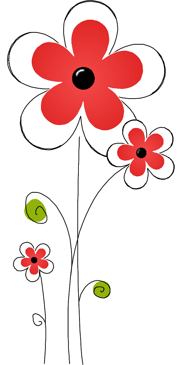a drawing of three red flowers with green leaves, a digital rendering, pixabay, black and white with red hearts, tall thin frame, [ colourful, flower frame