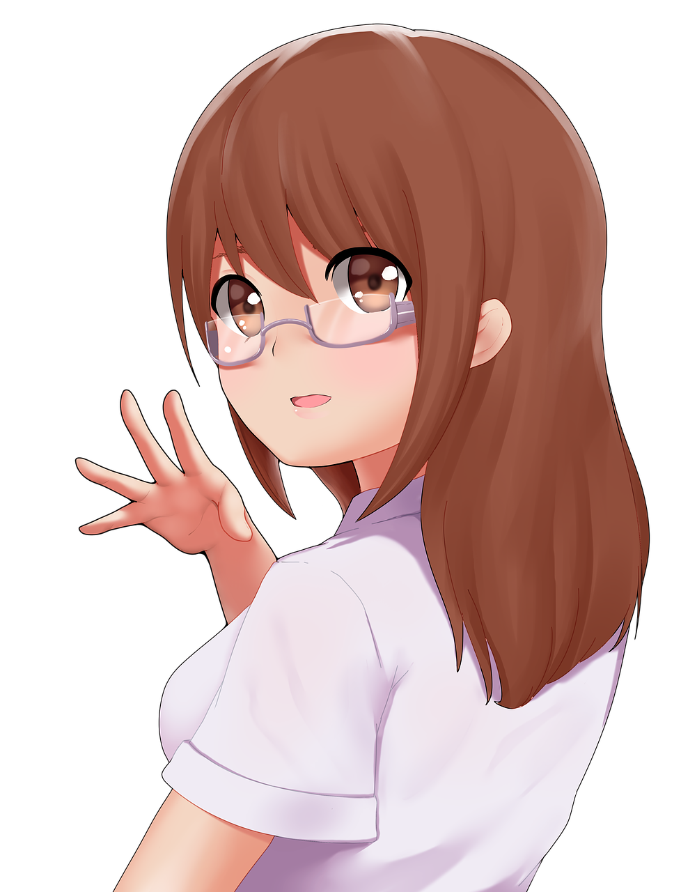 a close up of a person wearing glasses, inspired by Un'ichi Hiratsuka, pixiv, anime style. 8k, hands behind her body pose!, cel - shaded art style, brown hair and bangs