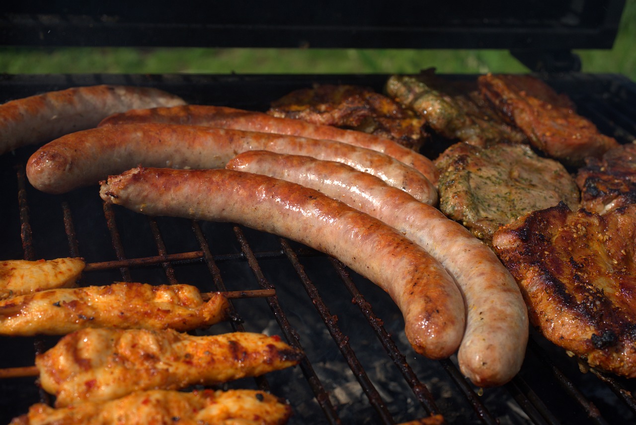 a bunch of sausages are cooking on a grill, a portrait, by Stefan Gierowski, pixabay, figuration libre, side view close up of a gaunt, larapi, side view of a gaunt, 33mm photo