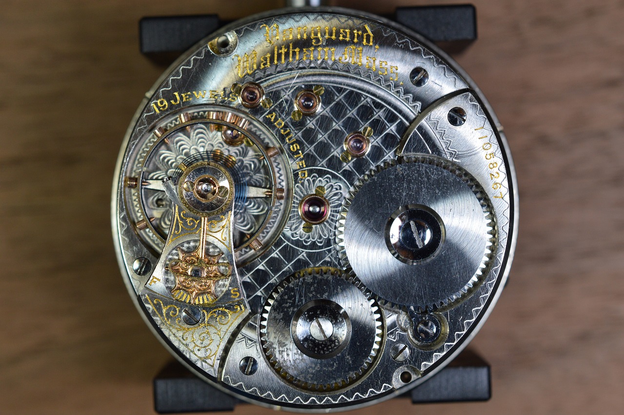 a close up of the inside of a watch, inspired by Paul Howard Manship, assemblage, greg hildebrant, vintage - w 1 0 2 4, fine linework, bottom view