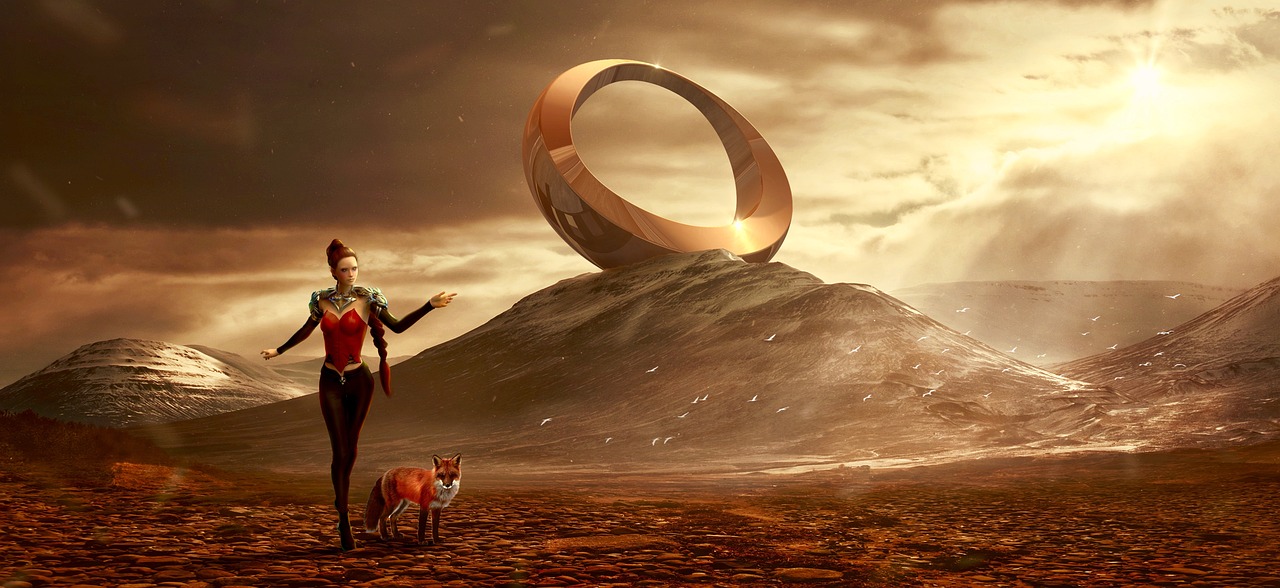 a woman standing on top of a dirt field next to a dog, digital art, trending on cg society, digital art, shaped like torus ring, gold rings, from a 2 0 1 9 sci fi 8 k movie, lord of the ring