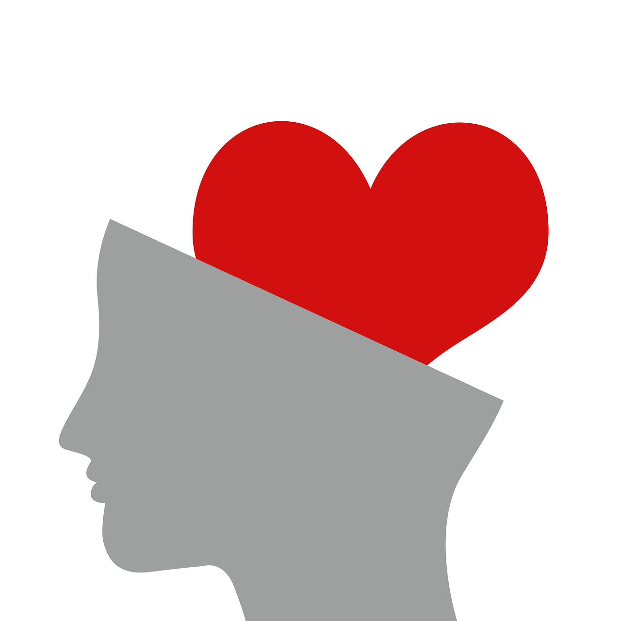 a person's head with a heart inside of it, inspired by Milton Glaser, trending on pixabay, romanticism, red and grey only, anthropomorphic silhouette, side of head, high - res