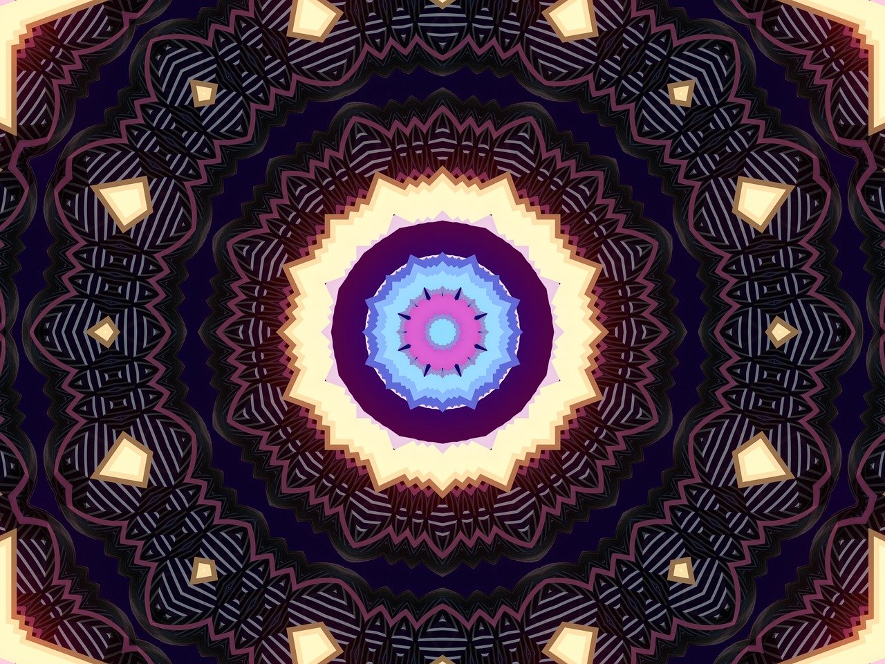 a close up of a circular design on a wall, a mosaic, inspired by Jan Henryk Rosen, flickr, abstract illusionism, fractal tarot card style, purple and blue neon, phone wallpaper. intricate, hypnotic eyes