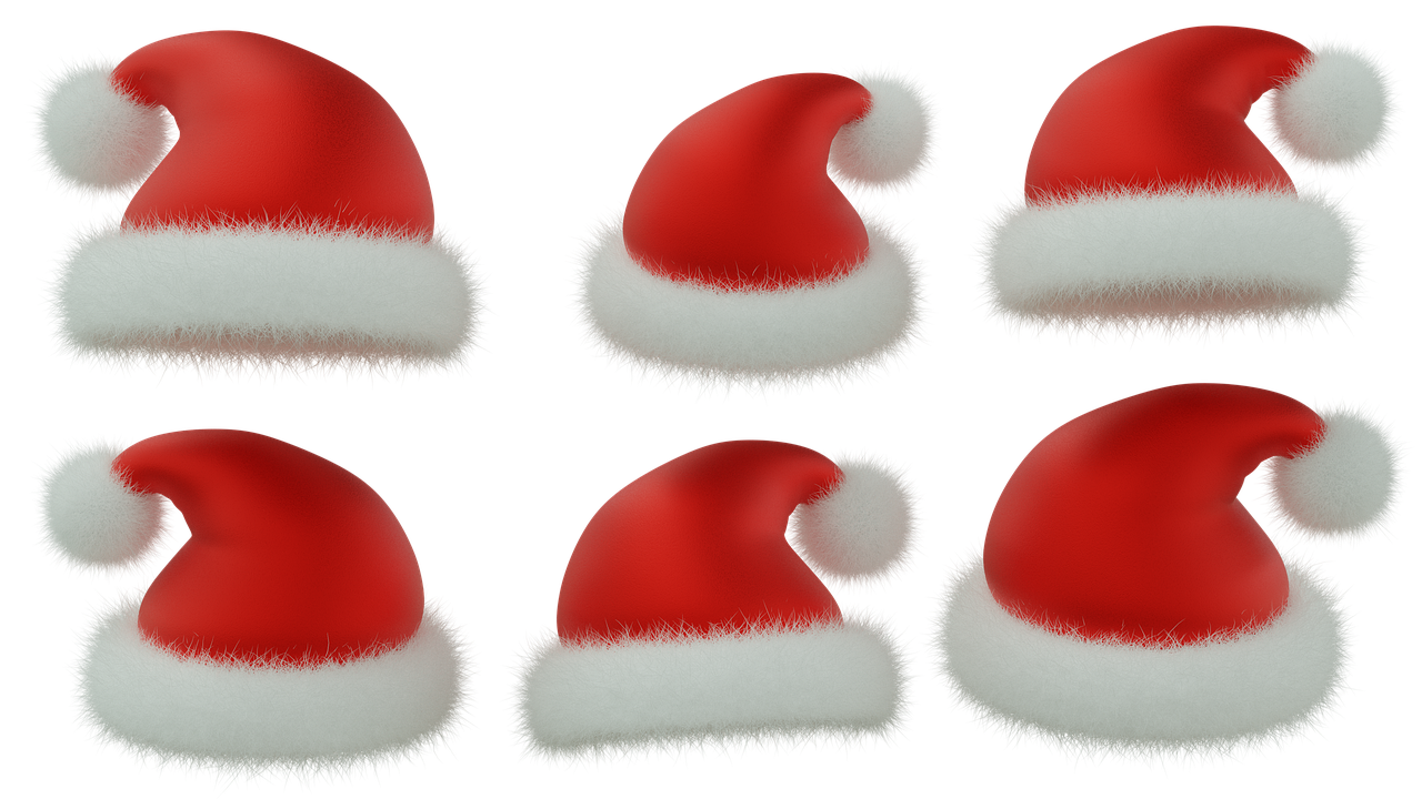 a set of six red and white santa hats, a raytraced image, pixabay, digital art, fluffy, detaild, 8k!, family photo