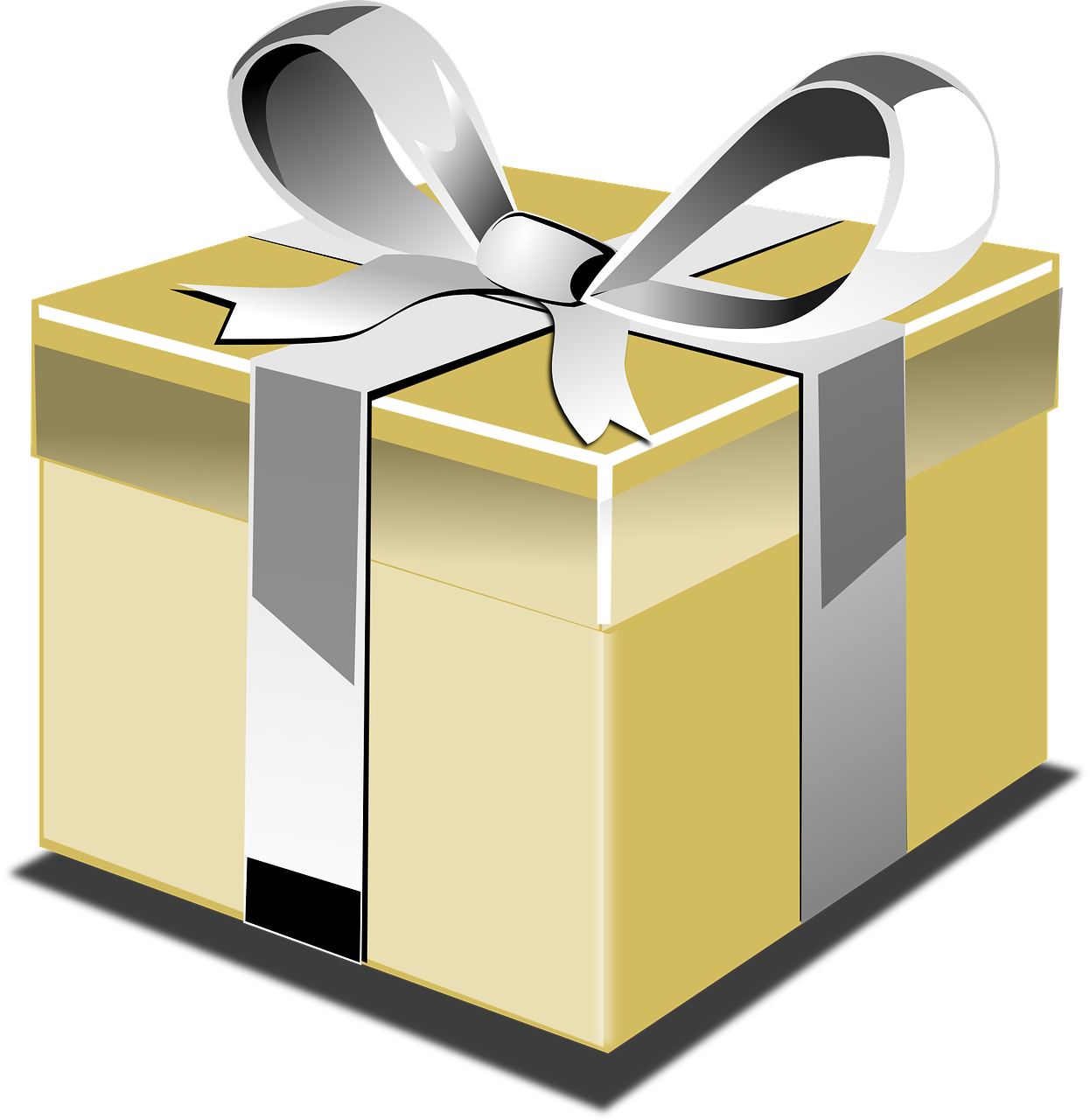 a yellow gift box with a silver ribbon, inspired by Masamitsu Ōta, pixabay, computer art, black and white and gold”, & a dark, aluminium, modern”