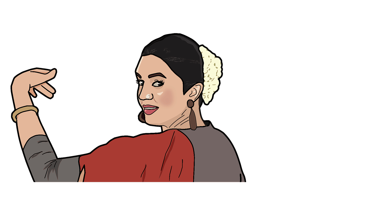 a drawing of a woman in a red dress, a digital painting, inspired by Oswaldo Viteri, serial art, pearl earring, alexandria ocasio cortez, dressed in a sari, [ 4 k digital art ]!!