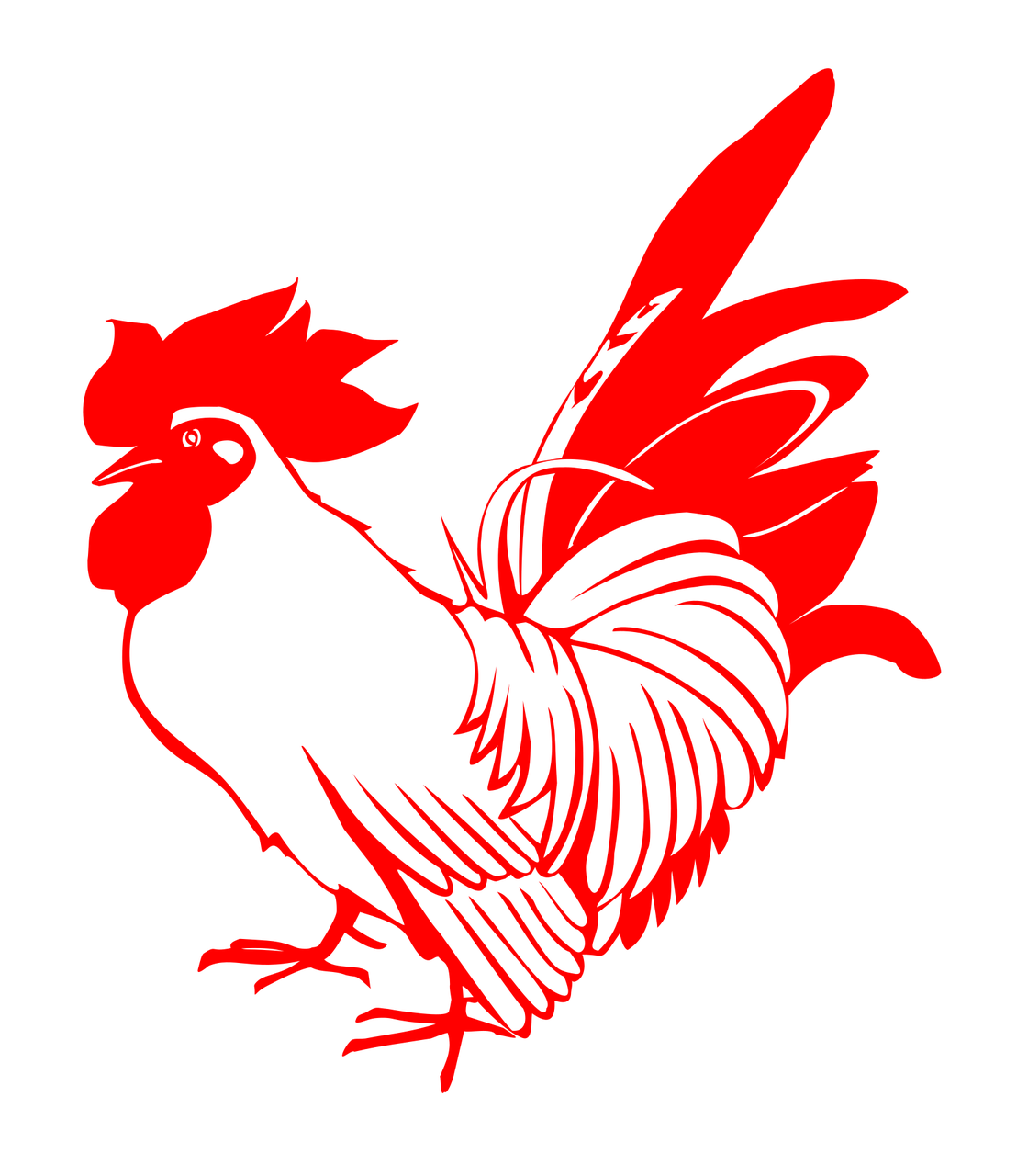 a red rooster on a black background, an illustration of, inspired by Kōno Michisei, sōsaku hanga, red neon, black stencil, mid shot photo