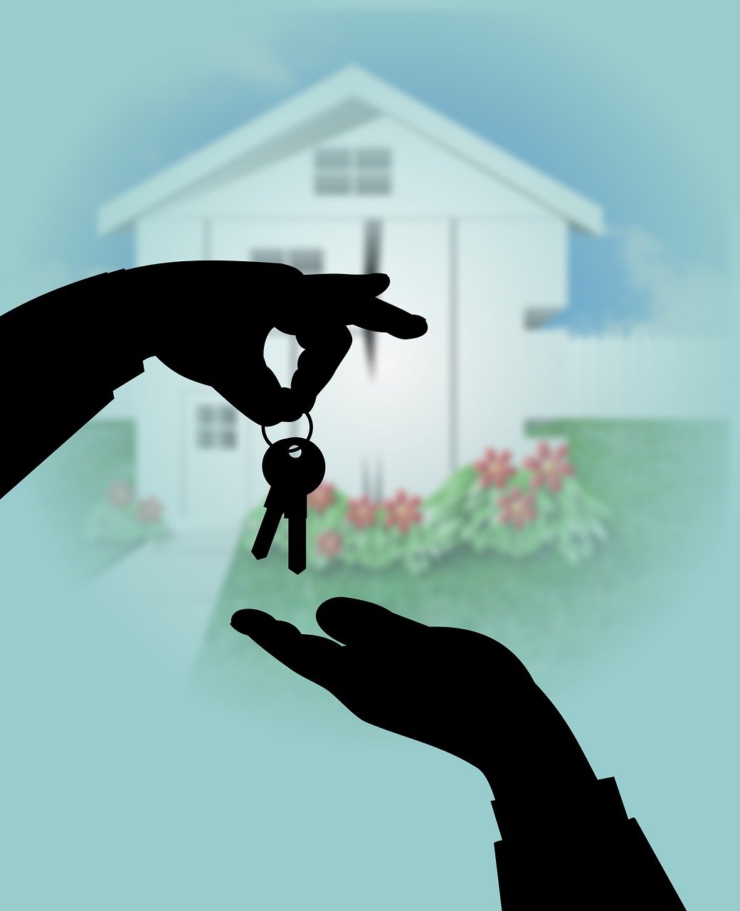 a person handing a house key to another person, an illustration of, by Tom Carapic, pixabay, conceptual art, blurry and dreamy illustration, in front of a two story house, stylized silhouette, panels