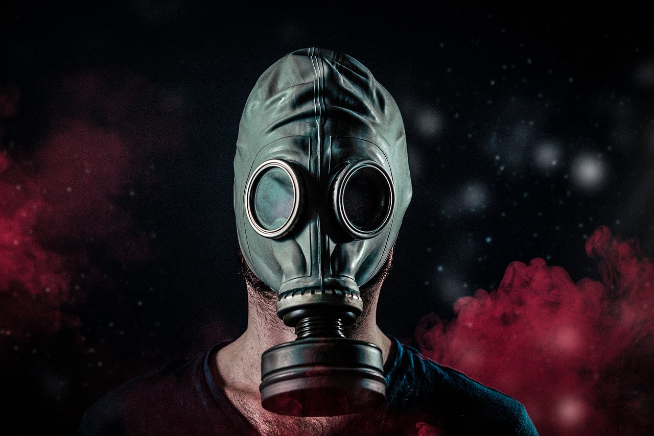 a man wearing a gas mask with smoke in the background, digital art, shutterstock, cool marketing photo, background image, infected mushroom, wearing a botanical gas mask