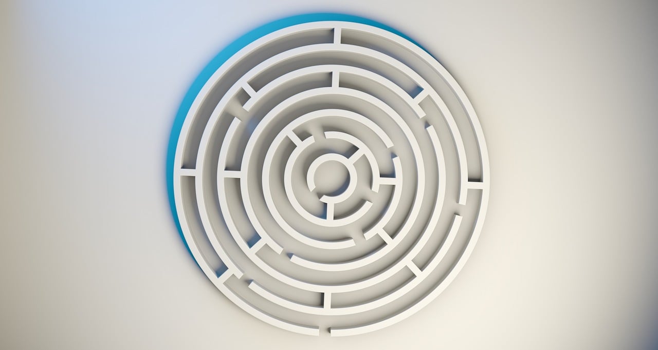 a circular maze in the middle of a wall, an ambient occlusion render, marketing photo, plain background, closeup photo, cyan