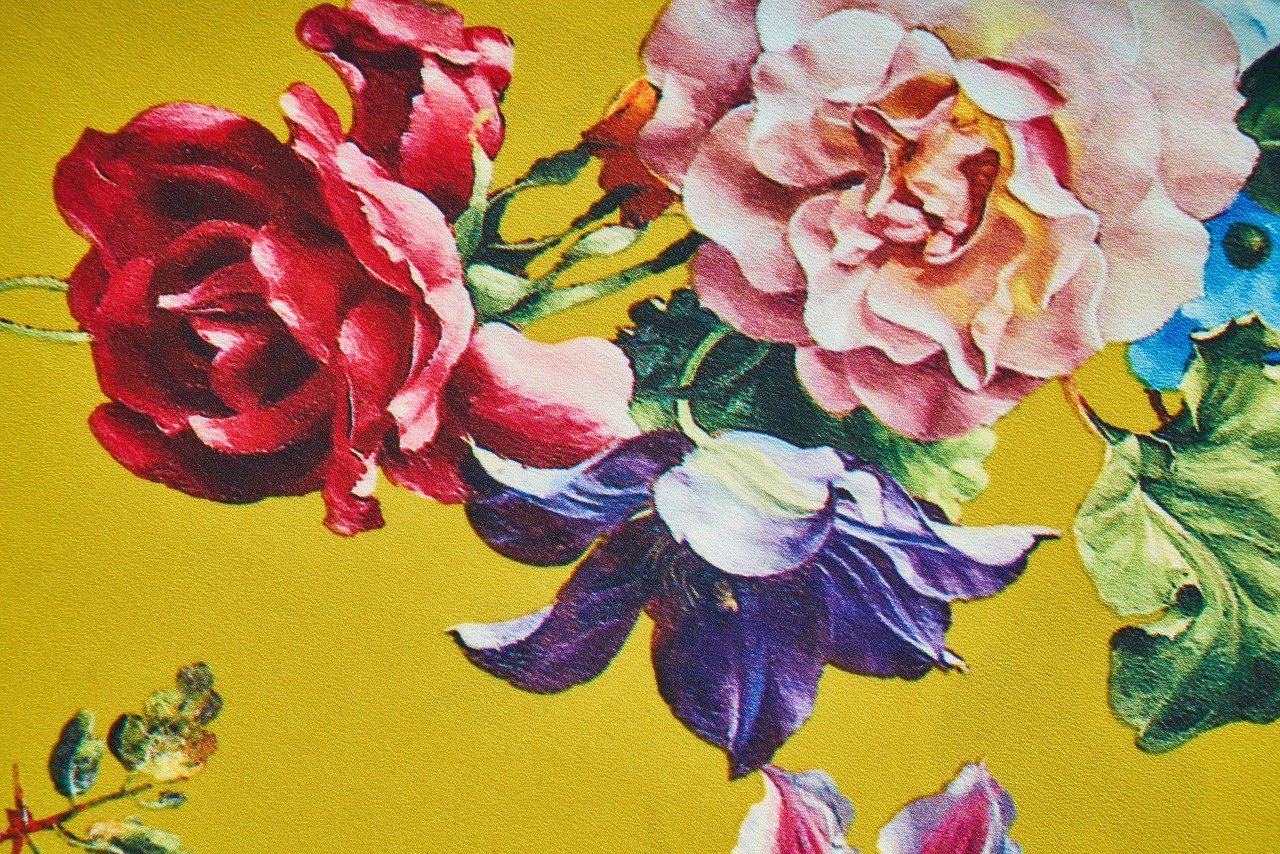 a painting of a bunch of flowers on a yellow background, a detailed painting, trending on cg society, baroque, floral clothes ”, high detail product photo