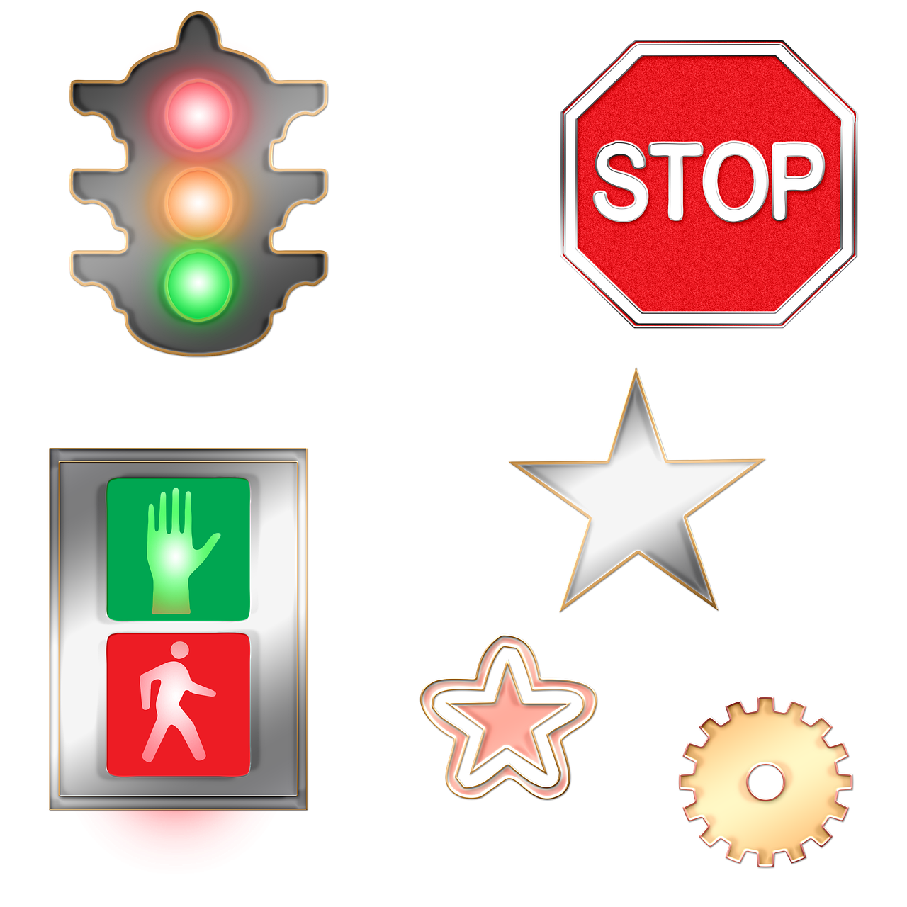 a bunch of different traffic signs on a black background, by Aleksander Kotsis, digital art, lonely!! stop light glowing, star, various items, metallic buttons
