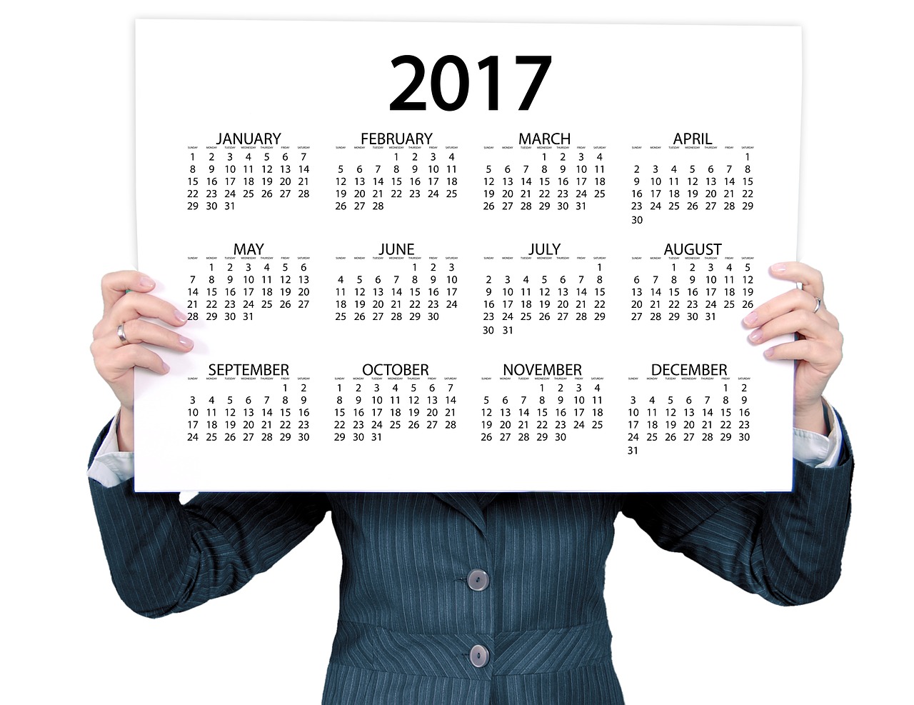 a woman holding a calendar in front of her face, a photo, by Maria van Oosterwijk, shutterstock, 2 0 1 7, woman holding sign, isolated on white background, full - length photo