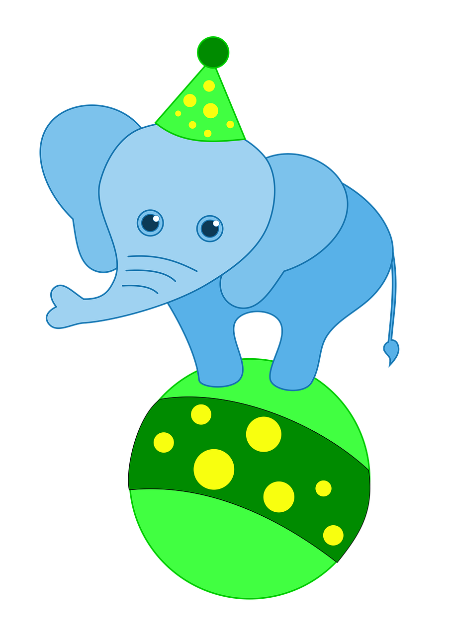 a blue elephant standing on top of a green ball, on a flat color black background, illustration for children, wearing a party hat, very accurate photo