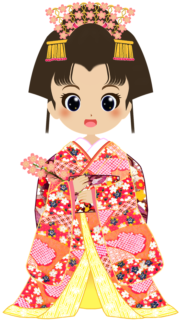 a girl in a kimono is holding a flower, short brown hair and large eyes, render of april, plastic doll, very very happy!