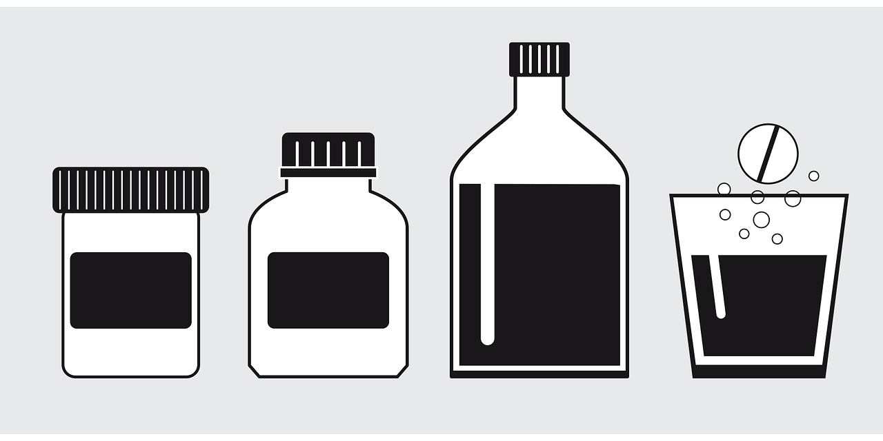 three bottles of alcohol and a glass of water, an illustration of, minimalism, drinking cough syrup, black and white color only, jar on a shelf, on a gray background
