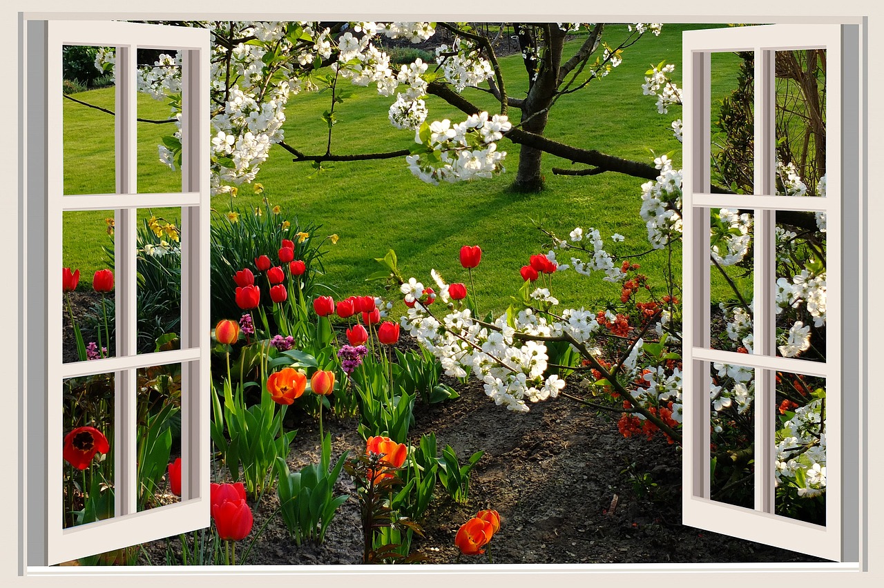 a view of a garden through an open window, a digital rendering, by senior artist, shutterstock, spring blooming flowers garden, widescreen shot, red and white flowers, garden with fruits on trees