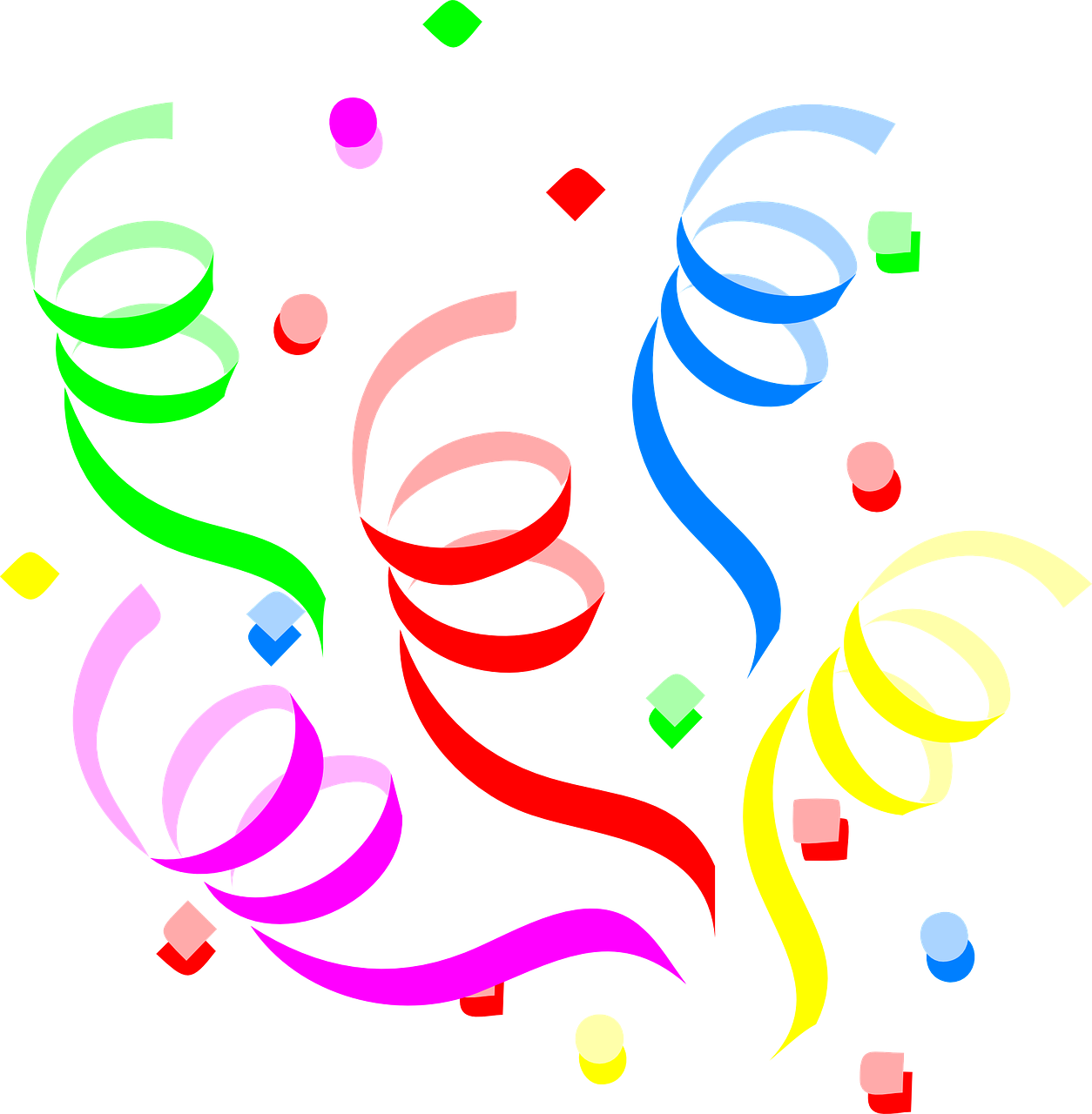 colorful streamers and confetti on a black background, by David Burton-Richardson, computer art, drawn in microsoft paint, rice, whirling, new years eve